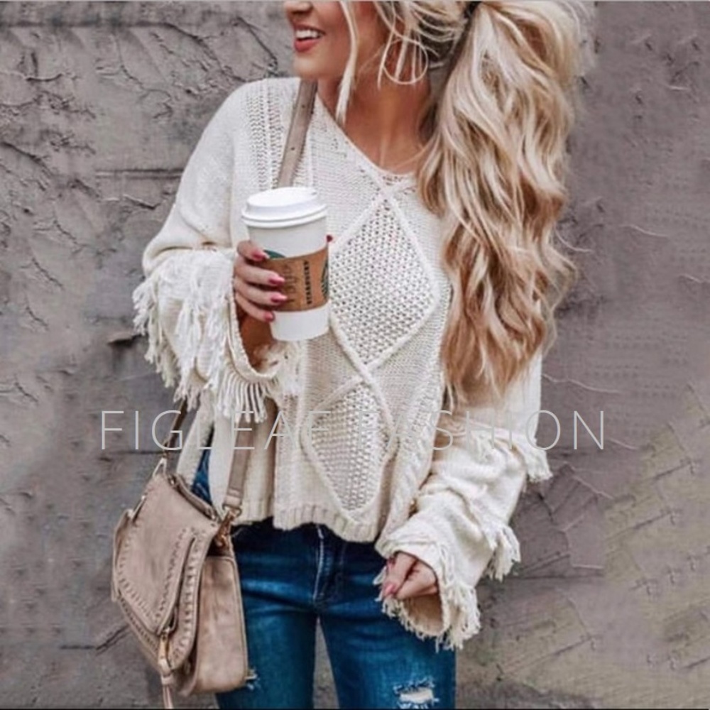 New Boho Fringe Textured Sleeve White Sweater - Picture 4 of 8